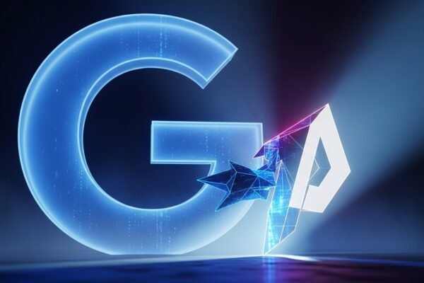 Illustration depicting a digital scale balancing a Google logo against a stack of newspapers, symbolizing the Penske Media Google AI lawsuit.