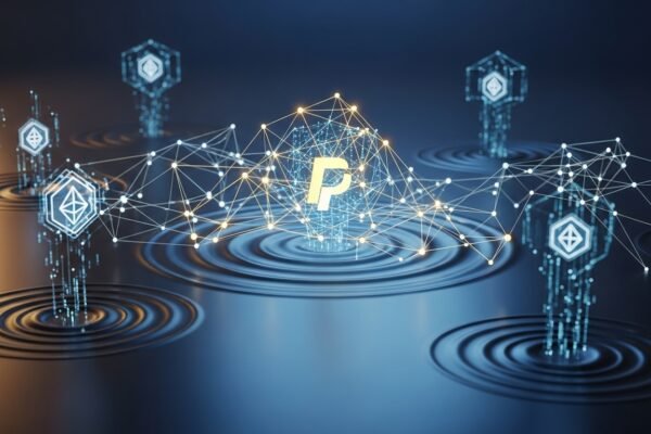 PayPal logo integrated with cryptocurrency symbols, representing PayPal's new crypto P2P integration.