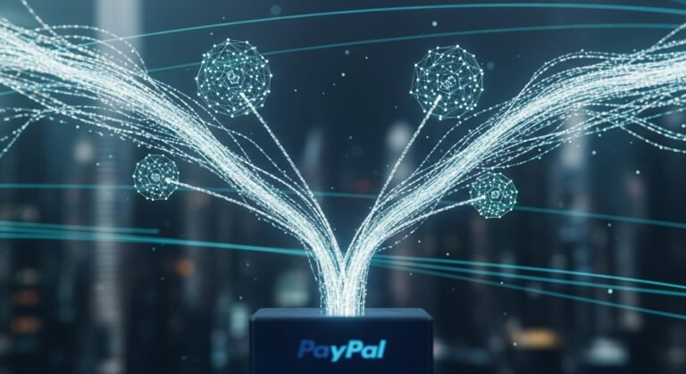 PayPal logo and cryptocurrency symbols (Bitcoin, Ethereum, PYUSD) representing the new PayPal Links feature and direct crypto integration into P2P payments.