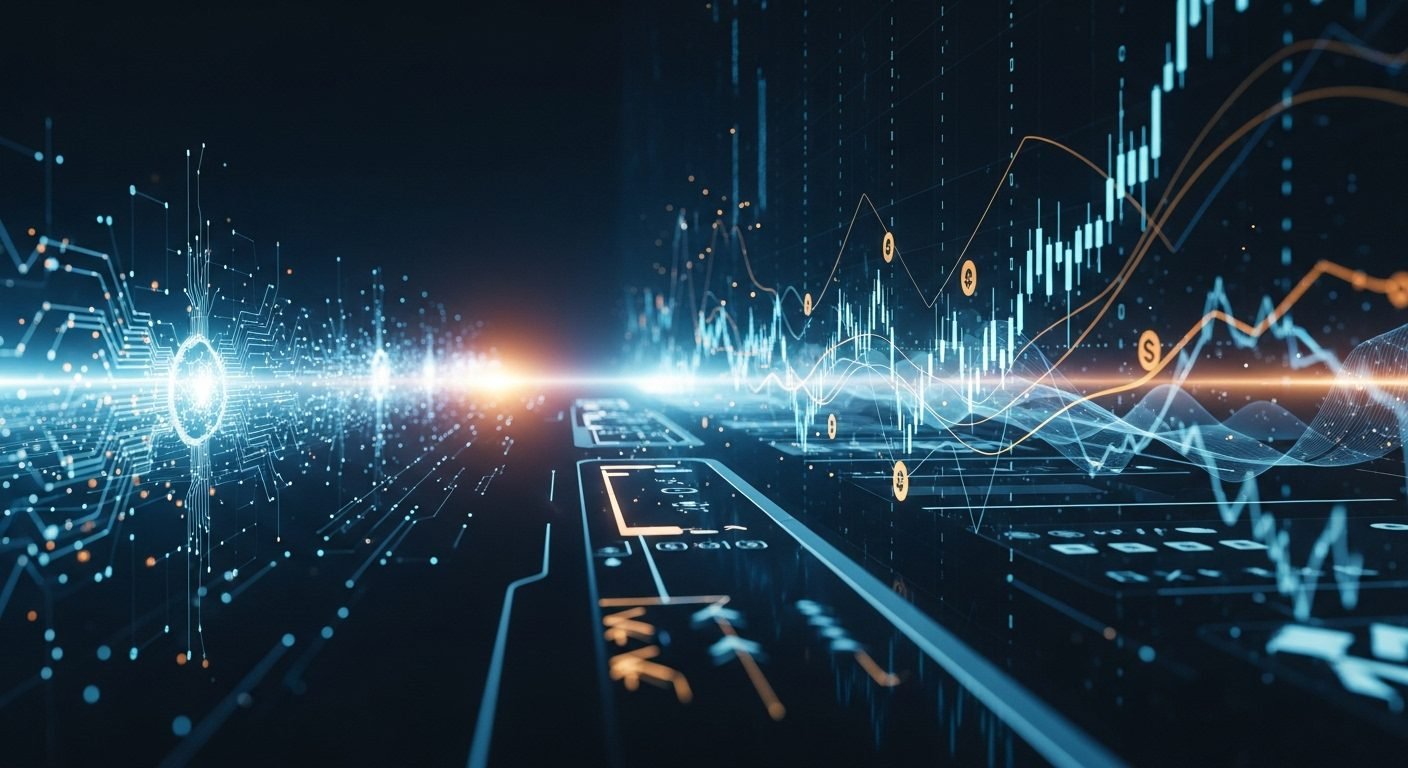Digital wallet and AI circuit board representing the intersection of fintech and artificial intelligence, with graphs showing market volatility.