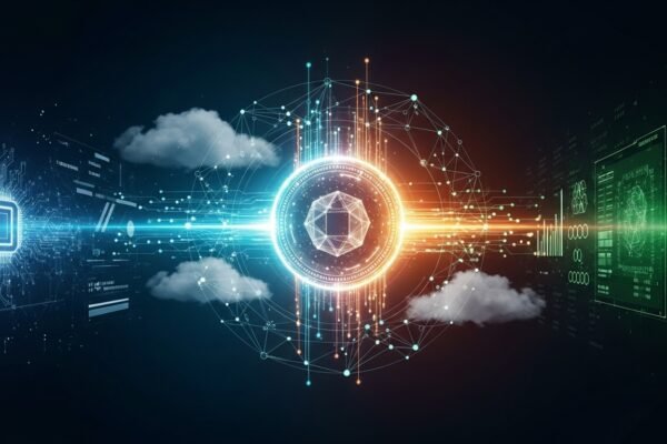 Cloudflare logo next to a stylized digital dollar sign, symbolizing the NET Dollar stablecoin's role in AI-driven transactions.