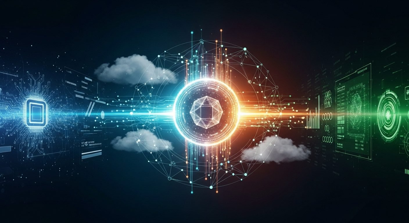 Cloudflare logo next to a stylized digital dollar sign, symbolizing the NET Dollar stablecoin's role in AI-driven transactions.