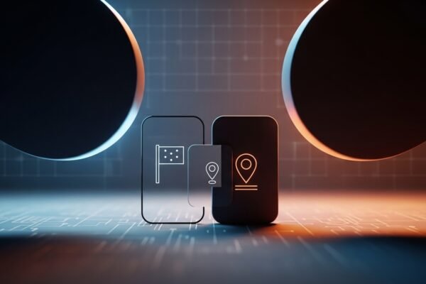 Illustration showing a smartphone screen displaying app icons being crossed out, with Apple and Google logos in the background, symbolizing content blocking and censorship.