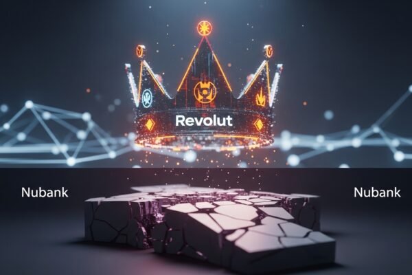 Revolut Takes the Crown: What its $75 Billion Valuation Means for Your Digital Banking Future Illustration of two digital banking apps, Revolut and Nubank, with Revolut positioned slightly higher on a graph of valuations.