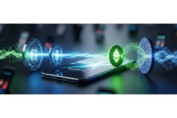 Samsung Galaxy phone displaying the Samsung Wallet app with Coinbase integration, symbolizing the partnership between Samsung and Coinbase for crypto services.