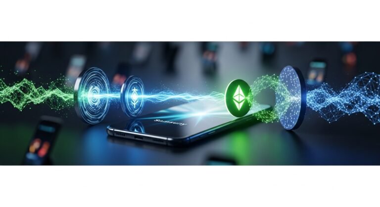 Samsung Galaxy phone displaying the Samsung Wallet app with Coinbase integration, symbolizing the partnership between Samsung and Coinbase for crypto services.