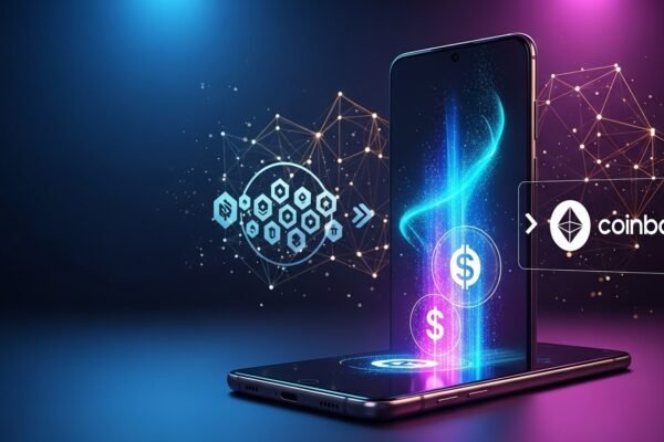 Samsung Galaxy smartphone displaying the Samsung Wallet app with Coinbase services, symbolizing the integration of cryptocurrency into mainstream mobile technology.