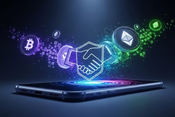 Samsung Galaxy phone displaying the Coinbase app within Samsung Wallet, illustrating direct cryptocurrency access and trading.