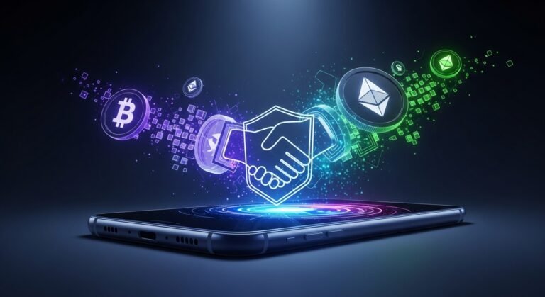 Samsung Galaxy phone displaying the Coinbase app within Samsung Wallet, illustrating direct cryptocurrency access and trading.