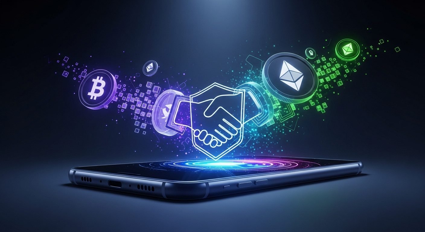 Samsung Galaxy phone displaying the Coinbase app within Samsung Wallet, illustrating direct cryptocurrency access and trading.