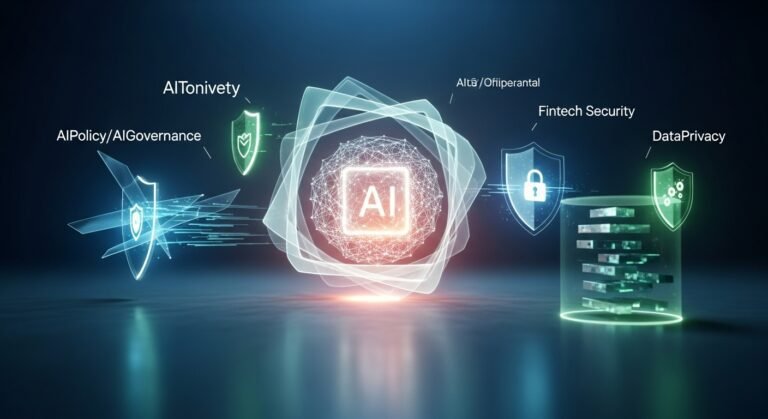 A complex network of glowing data points and lines, symbolizing the interconnectedness of AI investment, regulation, and technology against a dark, futuristic background.