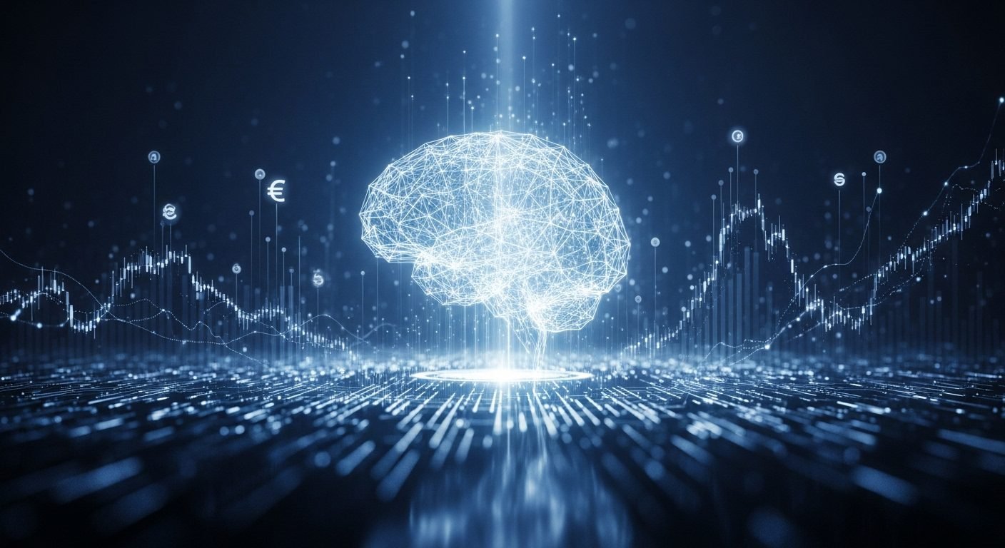 A futuristic cityscape with digital overlays, symbolizing advanced AI networks and interconnected data flows, representing the rapid evolution of artificial intelligence.