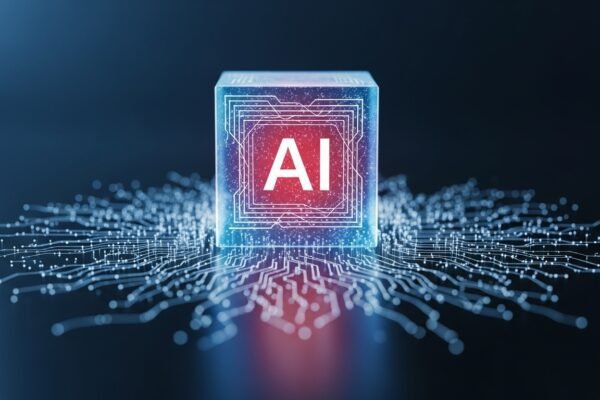 Circuit board with glowing AI brain illustration, symbolizing massive investment and technological advancement in artificial intelligence.