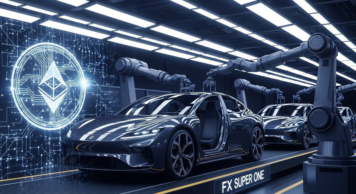 Faraday Future FX Super One electric AI-MPV on a production line inside the FF ieFactory California, with computer-generated blockchain and cryptocurrency symbols overlaid, representing the company's dual strategy.