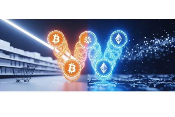 Mobile phone displaying the OnePay app interface with cryptocurrency symbols, overlaid on a blurred Walmart store background.