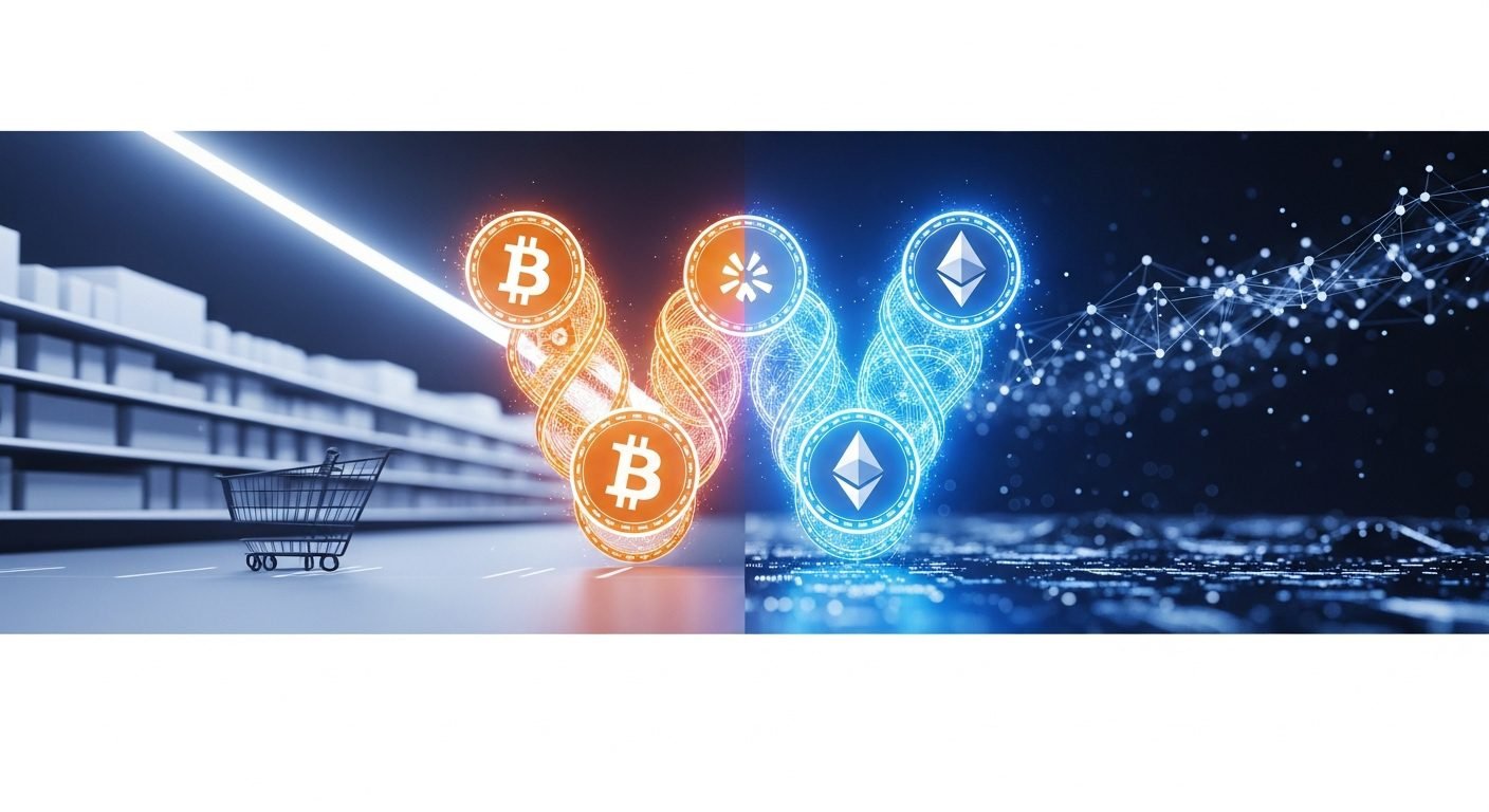 Mobile phone displaying the OnePay app interface with cryptocurrency symbols, overlaid on a blurred Walmart store background.