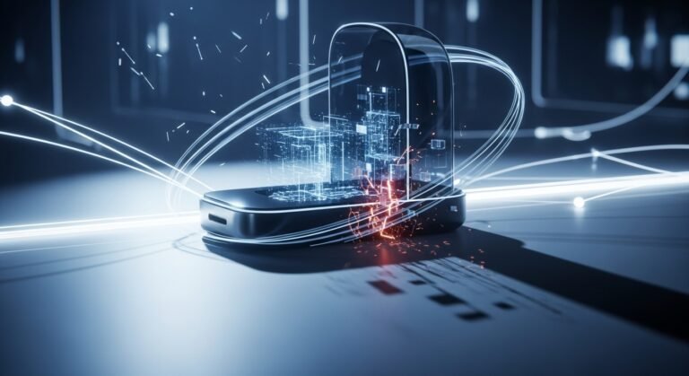 Abstract depiction of a palm-sized AI device glowing with data, symbolizing innovation and complexity, with OpenAI and Jony Ive's logos faintly in the background.