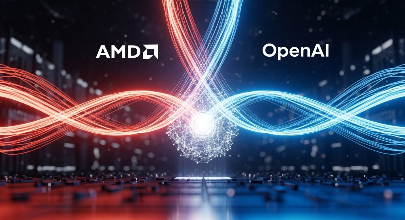 Close-up of AMD Instinct GPU chip with an OpenAI logo superimposed, representing their strategic partnership.