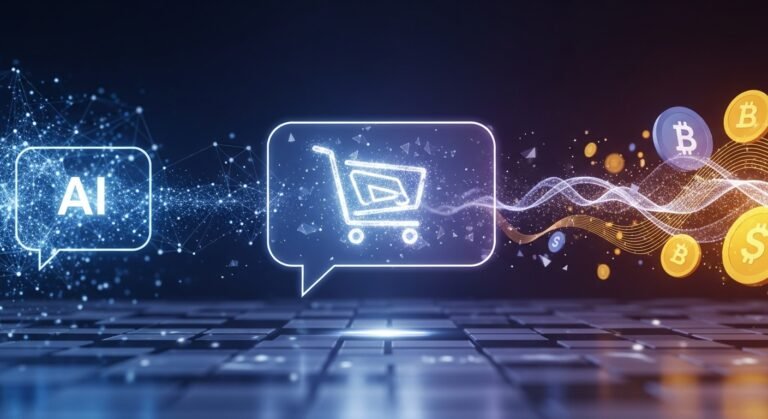 A futuristic digital storefront integrated within a ChatGPT interface, symbolizing instant checkout and AI-powered commerce.