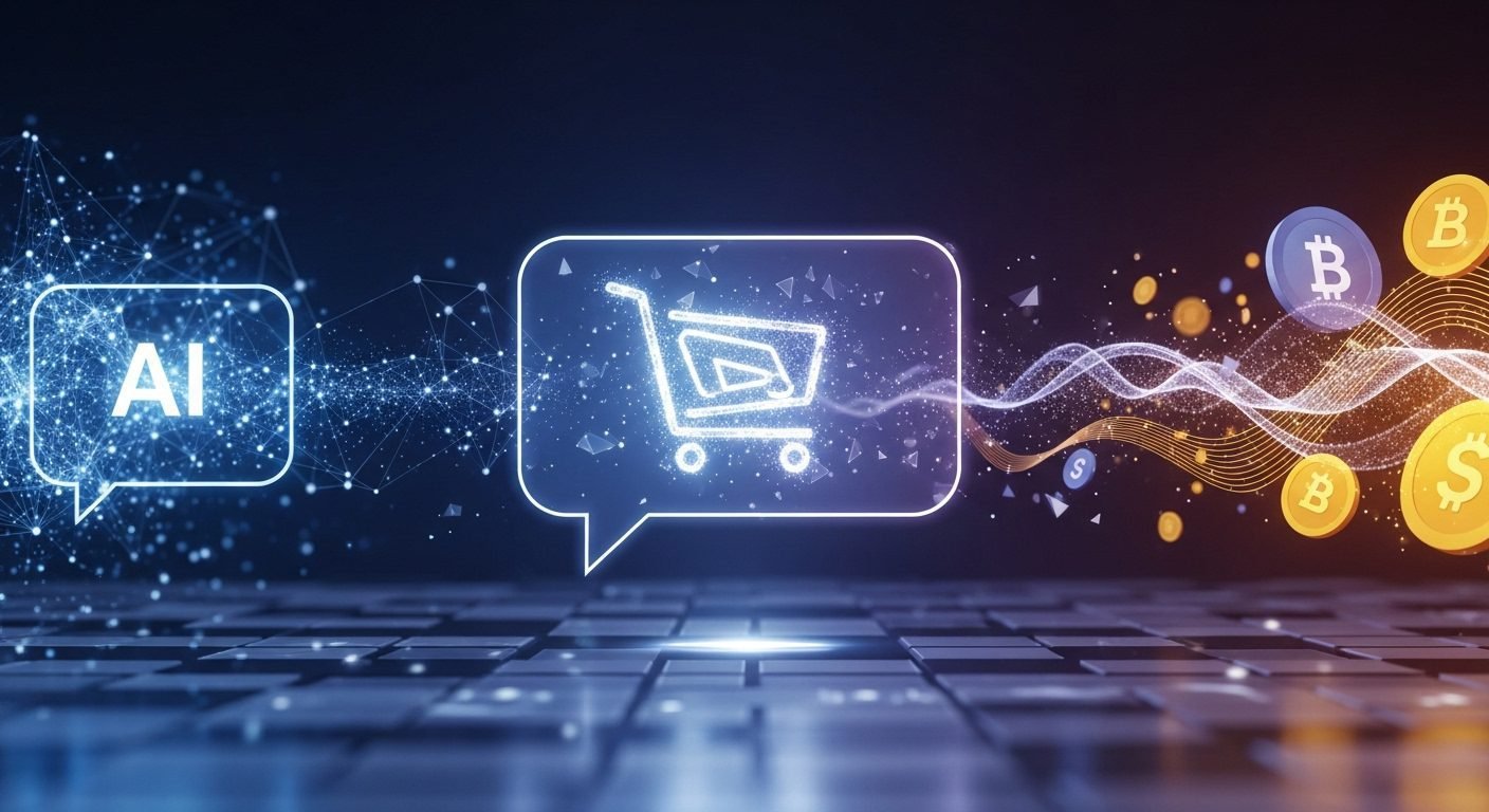 A futuristic digital storefront integrated within a ChatGPT interface, symbolizing instant checkout and AI-powered commerce.