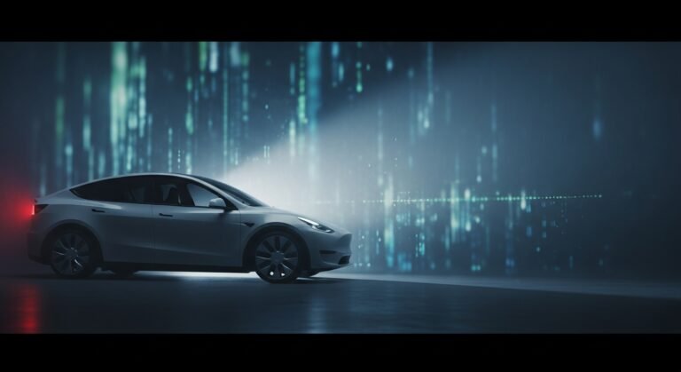 A minimalist, stripped-down Tesla Model Y Standard concept car in a futuristic setting, highlighting its design changes and focus on affordability.