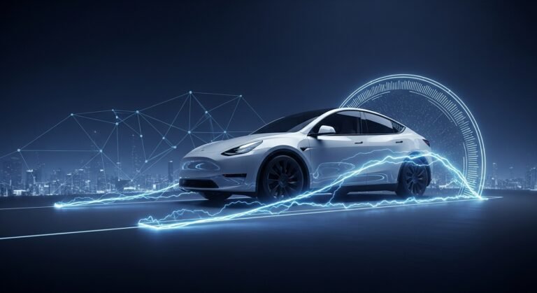 A sleek, dark Tesla Model Y with glowing headlights, hinting at a new, more affordable variant.