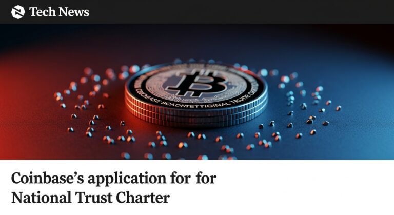 A graphic showing the Coinbase logo with a federal building in the background, symbolizing regulatory integration of cryptocurrency services.