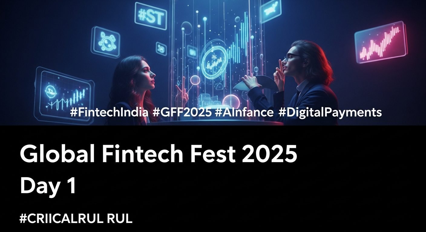 Union Finance Minister Nirmala Sitharaman speaking at the Global Fintech Fest 2025, with a digital overlay representing foreign currency settlement.