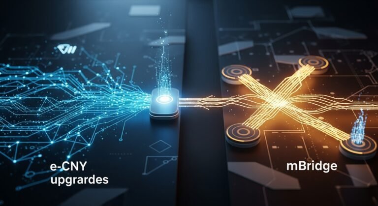 Digital yuan currency symbols intertwining with global payment network connections, representing China's e-CNY internationalization and mBridge project.