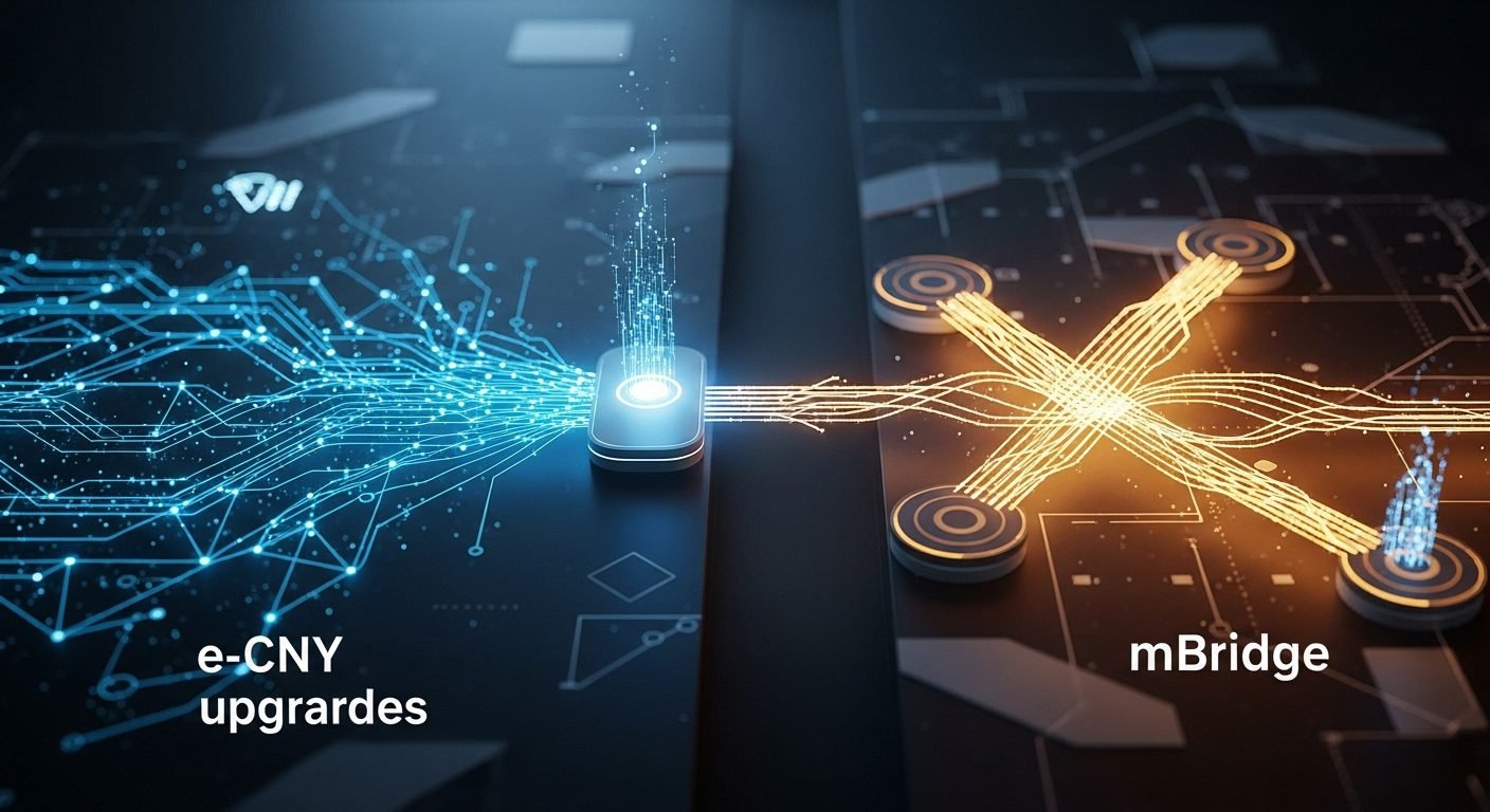 Digital yuan currency symbols intertwining with global payment network connections, representing China's e-CNY internationalization and mBridge project.