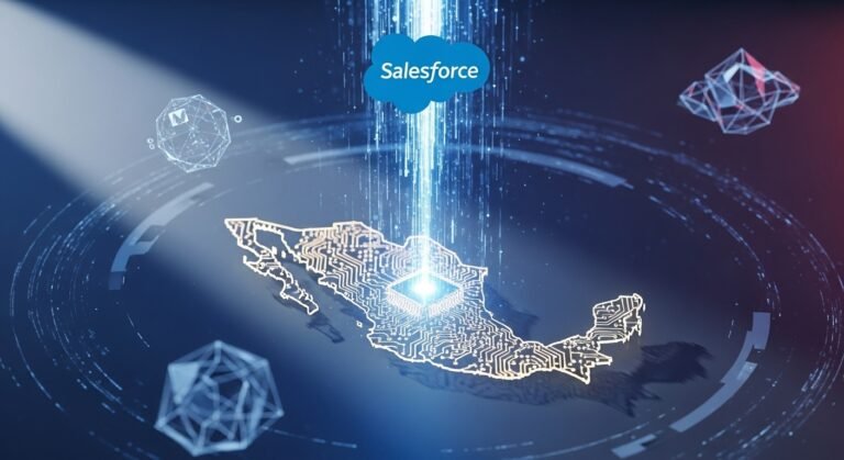 Salesforce CEO Marc Benioff shaking hands with Mexican Economy Minister Marcelo Ebrard during the announcement of a $1 billion investment in Mexico, with a modern city skyline in the background.