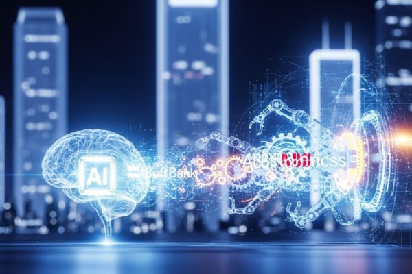 SoftBank’s $5.375 Billion Robotic Leap: What It Means for Your Business and Beyond SoftBank Chairman Masayoshi Son shaking hands with an ABB industrial robot arm, symbolizing the acquisition and future of AI in manufacturing.