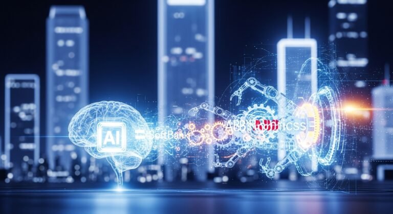 SoftBank Chairman Masayoshi Son shaking hands with an ABB industrial robot arm, symbolizing the acquisition and future of AI in manufacturing.