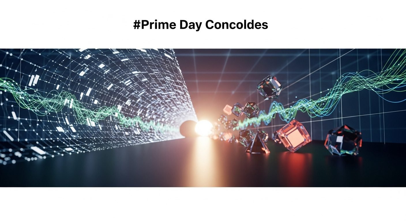 A close-up of a smartphone displaying an Amazon Prime Big Deal Days sales page, surrounded by various product categories and shopping bags, symbolizing early holiday shopping and competitive retail.