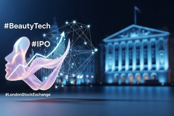 A stylized image of a London Stock Exchange building with digital beauty tech devices overlaid, representing the IPO of The Beauty Tech Group.