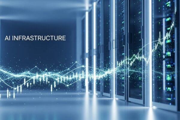 An aerial view of a modern, large-scale data center facility at dusk, highlighting its vast infrastructure and power lines, symbolizing advanced AI computing.