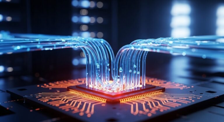 Close-up of a microfluidic cooling system integrated directly into a silicon chip, showing tiny channels with liquid coolant flow.