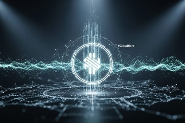 A conceptual image showing Cloudflare's network infrastructure with digital currency symbols and AI-driven processes, representing the NET Dollar stablecoin.