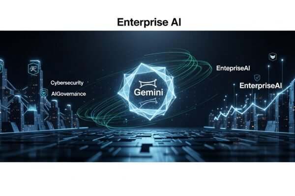 Illustration showing diverse business professionals interacting with an AI interface, symbolizing Google's Gemini Enterprise platform transforming workplace workflows.