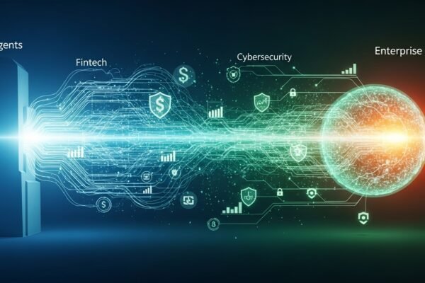 Digital illustration of interconnected AI agents processing data and financial transactions in an enterprise environment.
