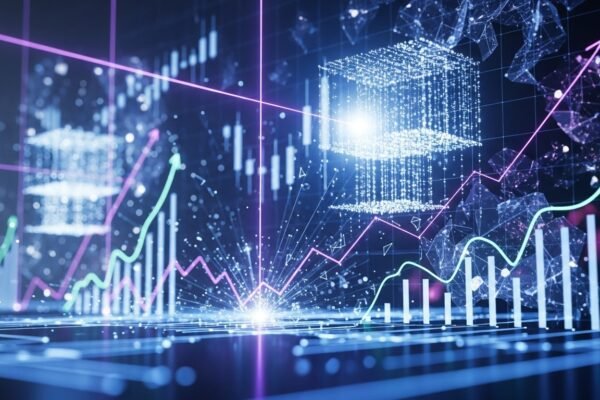 Quantum Inflection Point: Decoding IonQ’s Record $2 Billion Equity Offering An abstract visual representation of quantum computing, with glowing qubits and financial market data overlaid, symbolizing the intersection of quantum technology and investment.