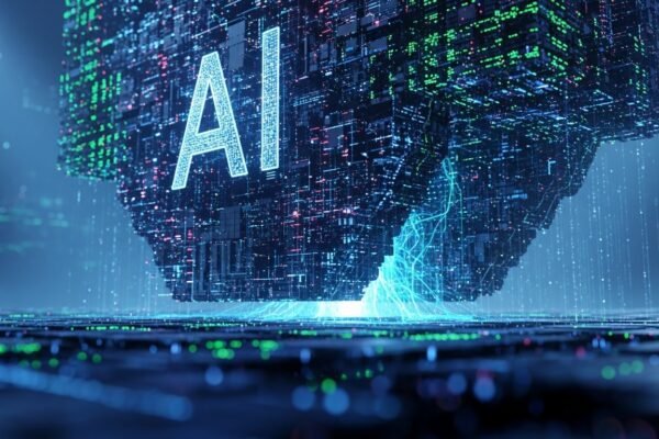 An abstract digital illustration representing artificial intelligence with interconnected nodes and glowing data streams, symbolizing a trillion-parameter model.