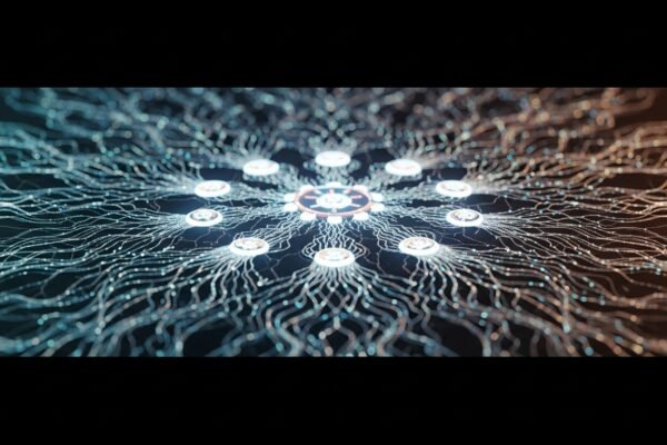 An abstract representation of artificial intelligence with circuits and data flow, symbolizing Ant Group's new Ling-1T model.