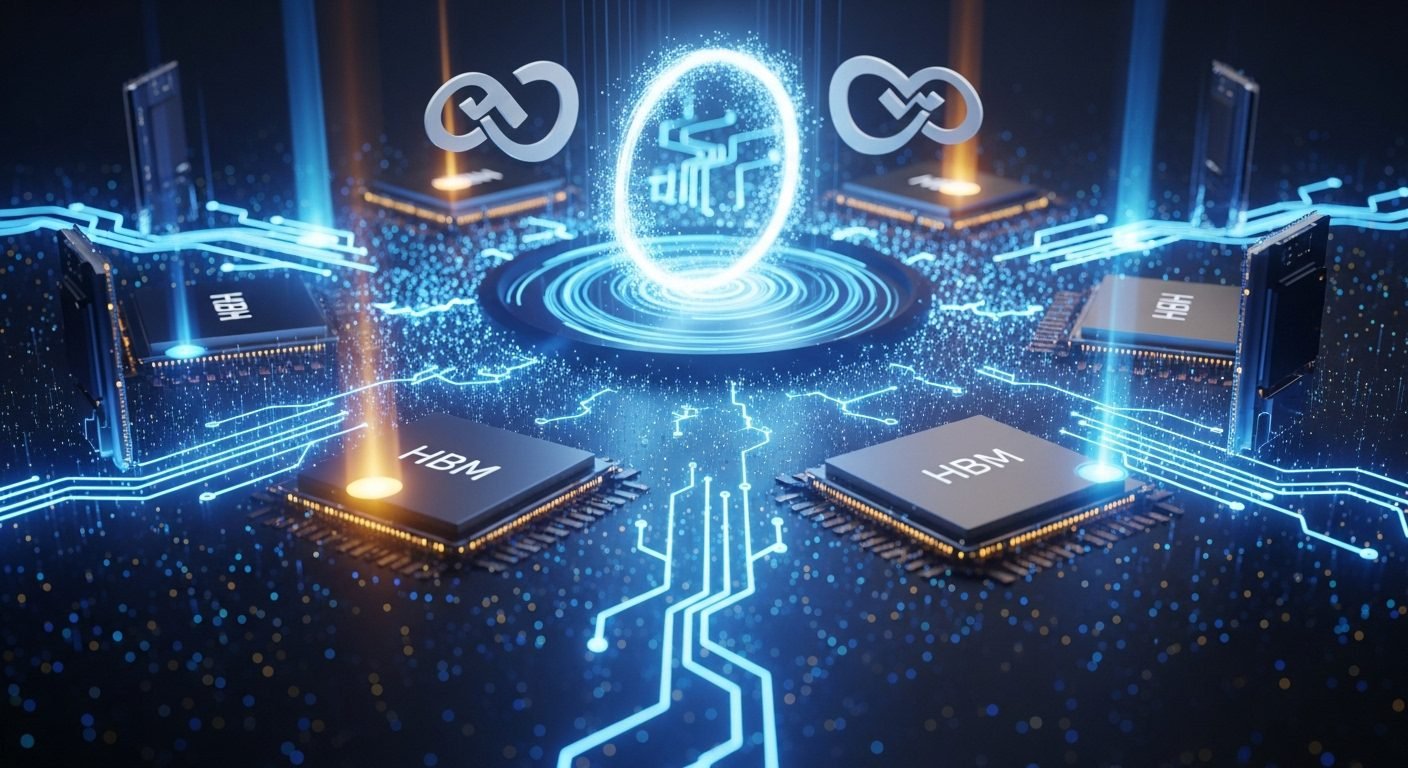 A futuristic, glowing representation of interconnected global AI data centers with microchip elements and the logos of OpenAI, Samsung, and SK Group.