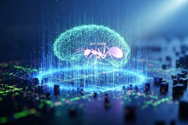 An abstract representation of a large language model with data points converging to a central glowing core, symbolizing Ant Group's powerful Ling-1T AI.
