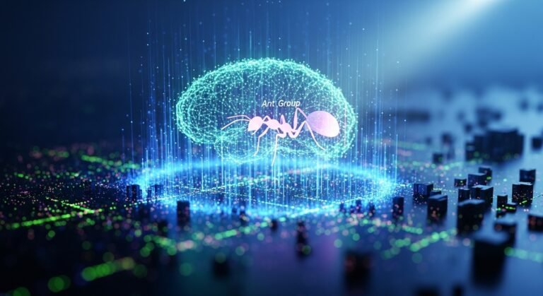 An abstract representation of a large language model with data points converging to a central glowing core, symbolizing Ant Group's powerful Ling-1T AI.