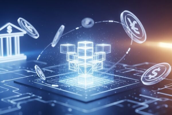 A vibrant digital illustration showing interconnected financial networks, blockchain ledgers, and global currencies flowing between stylized bank buildings, symbolizing the modernization of banking through digital money.