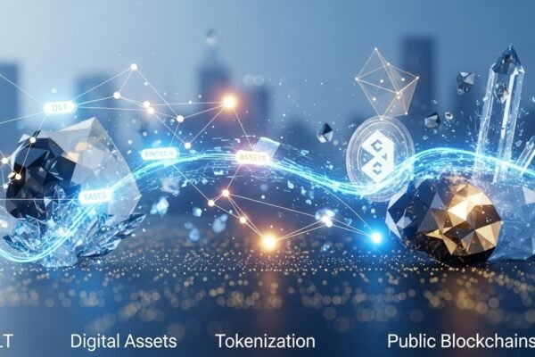A digital representation of a financial market graph with blockchain nodes interconnected, symbolizing the integration of DLT and digital assets in capital markets.