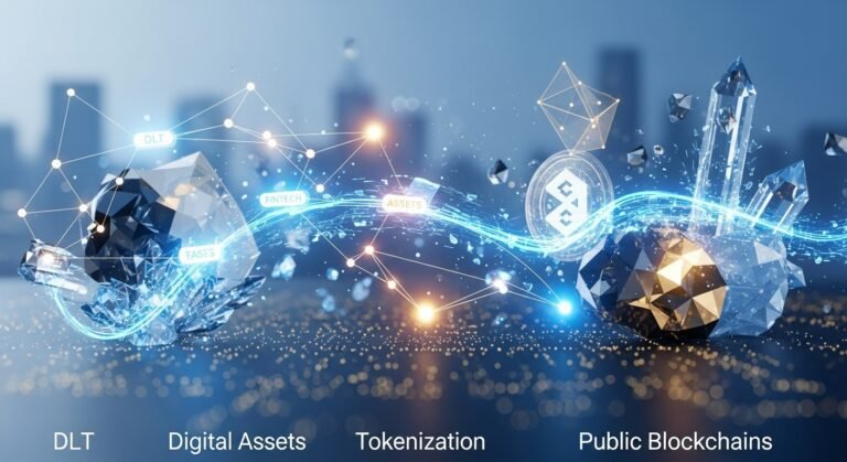 A digital representation of a financial market graph with blockchain nodes interconnected, symbolizing the integration of DLT and digital assets in capital markets.