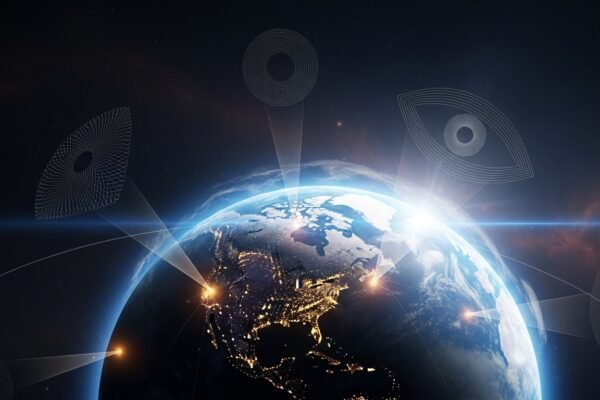 An artistic rendering of GalaxEye's Mission Drishti satellite orbiting Earth, showcasing its multi-sensor capabilities with a focus on detailed geospatial analysis.